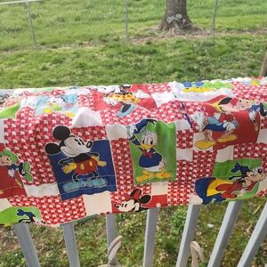 Mickey & Friends Cartoon Panel Cotton Fabric - Red Checkered Panels
